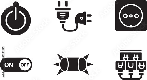 Electric plug and socket symbols with on off switch icons, power outlet and electrical
