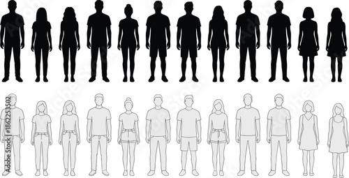 Male and female body silhouettes and outline figures set, front view people standing collection isolated on white background for anatomy, fashion, and design concepts