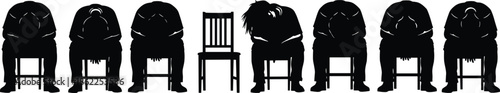 Seated people silhouettes showing exhausted, depressed, or tired individuals on chairs, emotional human figures isolated on white background for mental health and social concepts