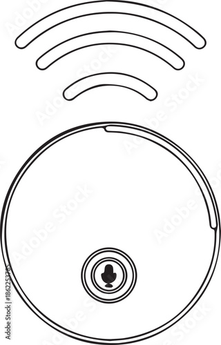  Smart speaker voice assistant icon with microphone symbol and wireless signal waves line art.