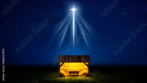 Shining star above a rustic manger on a peaceful clear night, symbolizing hope and the birth of a sacred event under the celestial glow of a guiding light for humanity