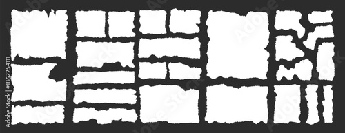 Torn paper pieces frame set. Torn paper with jagged edges. Ripped rectangular shape silhouette collection. Textured grunge elements collage, text box, poster, banner