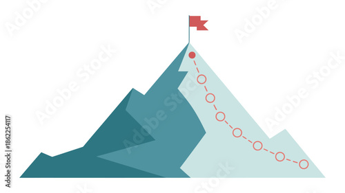 Mountain climbing route to peak illustration, high ranking adventure concept showing path to summit, success journey, goal achievement, leadership motivation, outdoor exploration, challenge overcoming