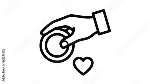 A simple black and white line drawing depicts a hand offering a coin and a heart symbol below it