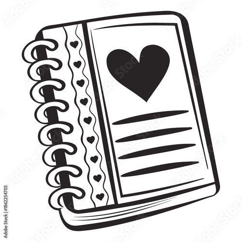 Black and white illustration of a romantic spiral bound notebook featuring a large heart design and decorative heart trim symbolizing love and journaling.