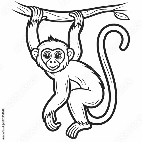 Cartoon monkey hangs from a tree branch while smiling widely in a simple black and white outline drawing.