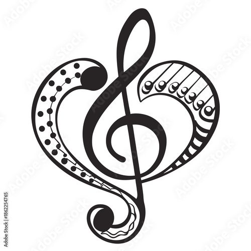 A decorative treble clef symbol is stylized into the shape of a heart, featuring intricate patterned details on both sides.
