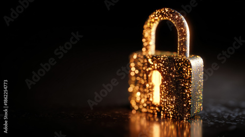 Cybersecurity and data protection concept, glowing digital lock on dark background