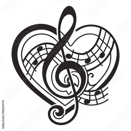 A treble clef symbol is intertwined with musical notes inside a heart shape to represent a love for music.