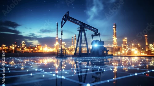 Oil pump jack operating at night with industrial refinery in background.