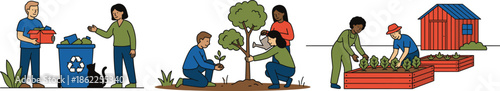 Community sustainability activities illustration showing recycling, tree planting and urban gardening, people working together for environmental conservation and eco friendly lifestyle
