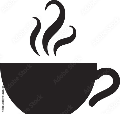  black coffee cups with steam rising simple silhouette illustration.