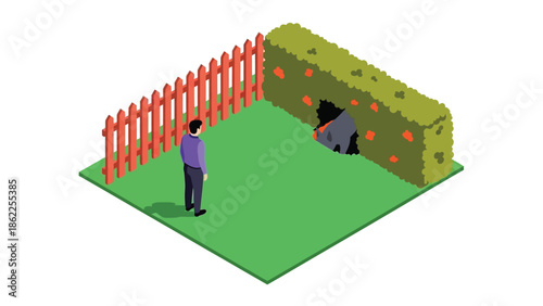 Isometric illustration depicts a person standing before a low wooden fence and a dense green hedge with a dark opening