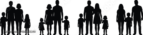 Family silhouettes standing together, parents and children in various group sizes, black isolated figures representing unity, diversity, relationships