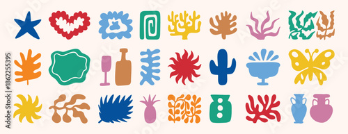 abstract matisse organic shapes set. leaf, plants, cactus, vase collage style. Contemporary aesthetic colorful element collection