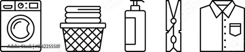 Laundry line icons set with washing machine, basket, detergent, clothespin and shirt, minimalist household cleaning symbols isolated on white background