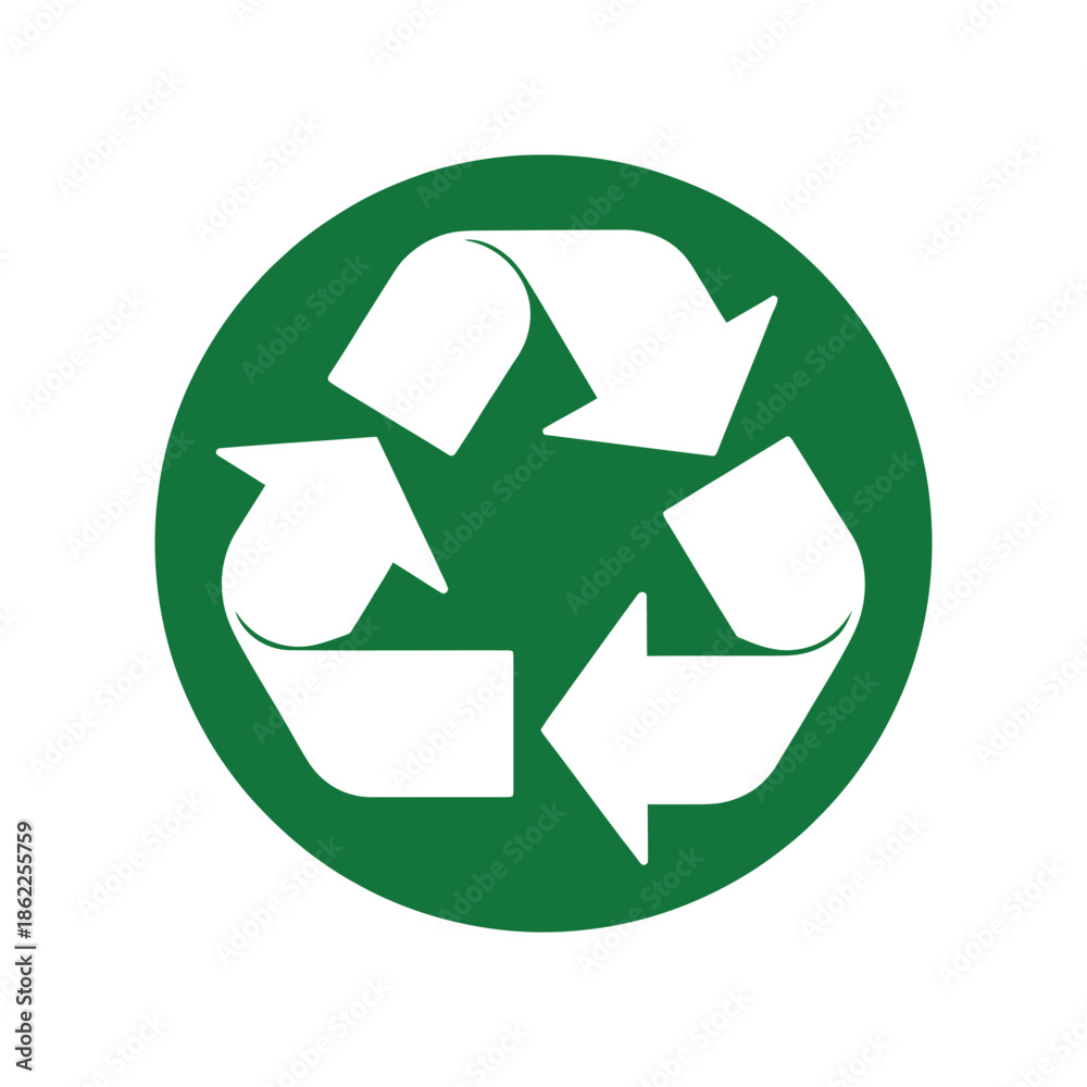 Obraz premium A prominent white recycling symbol with three chasing arrows on a solid green circular background, representing environmental sustainability and waste reduction.