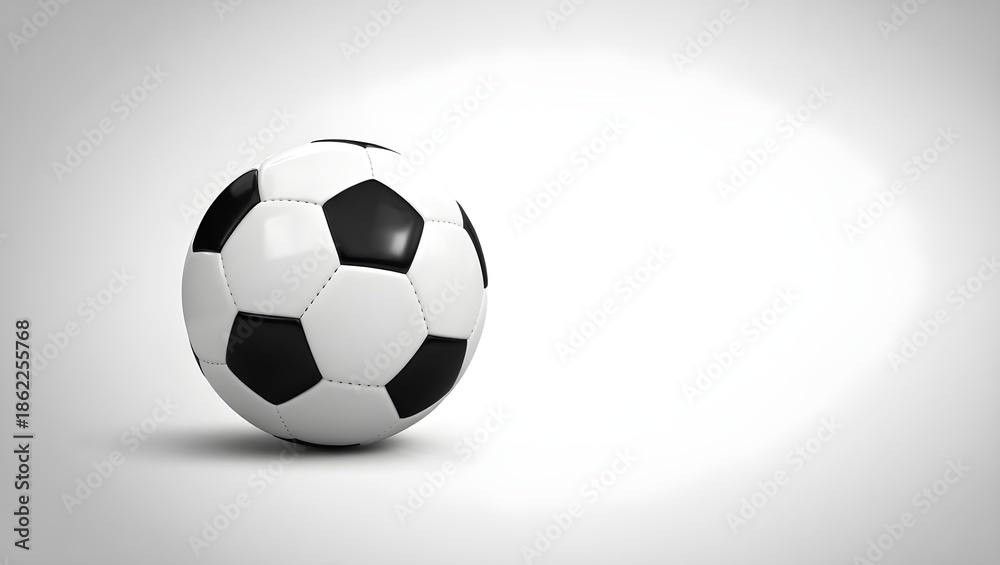 Naklejka premium A soccer ball is placed on a white background with a subtle shadow underneath it.