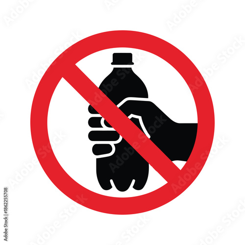 A red prohibition sign with a diagonal line over a black silhouette of a hand holding a plastic bottle, symbolizing a ban on plastic bottles.
