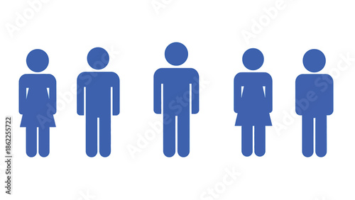 A row of five simple blue human figures including both male and female representations stands aligned on a white background