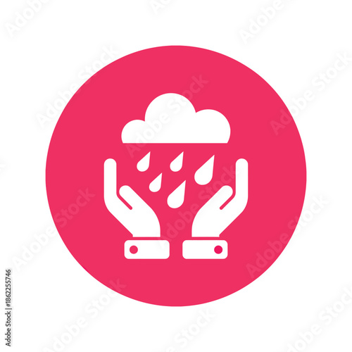 Icon of hands catching raindrops from a cloud, symbolizing water conservation and environmental protection within a vibrant circle.