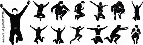 Collection of black silhouettes of people jumping in various poses