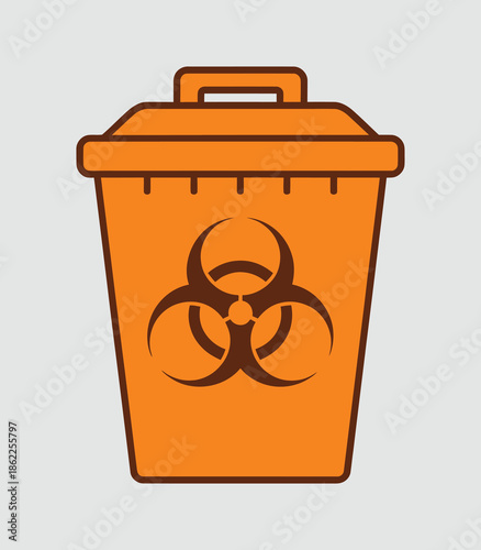 An orange biohazard waste bin with a dark brown biohazard symbol on its front, set against a plain light grey background.