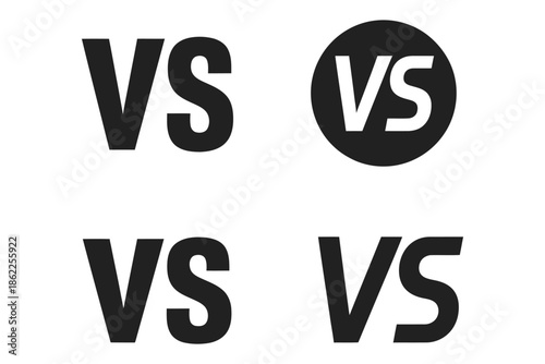 Versus VS letters logo set, flat black font, featuring four modern VS symbols for sports, competition, battle, fight, match, and game, iconic emblem design