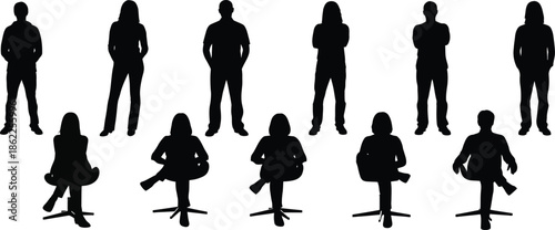 Silhouettes of people in various standing and sitting positions