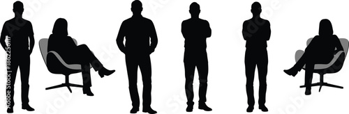 Silhouettes of people and office chairs in various poses