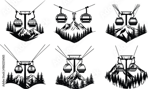 cable car vector set with mountain gondola and alpine transport silhouette illustration