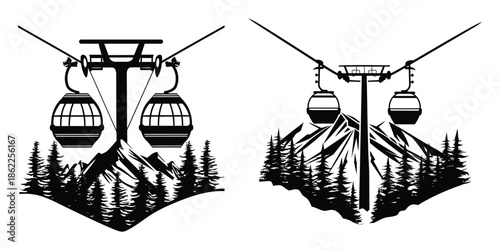 Modern cable car set vector illustration with mountain gondola and aerial tramway silhouettes