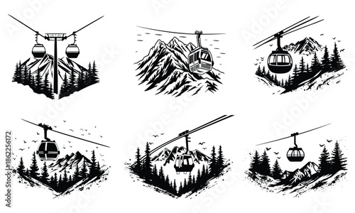 cable car vector set with mountain gondola and alpine transport silhouette illustration