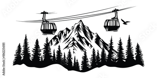Modern cable car set vector illustration with mountain gondola and aerial tramway silhouettes