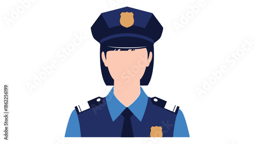 A digital illustration depicts a female police officer wearing a classic uniform including a peaked cap and dark blue attire