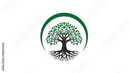 A stylized depiction of a lush green tree with a prominent root system embraced by a dark arc shape on a