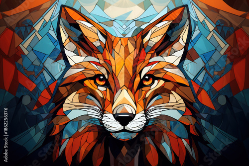 Cubist fox face in bright mosaic style, dynamic composition, geometric abstraction