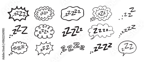 Zzz Zzzz bed sleep snore sound bubble set, snooze nap Z sound icon cloud set. Sleepy Zzz doodle hand drawn line icons