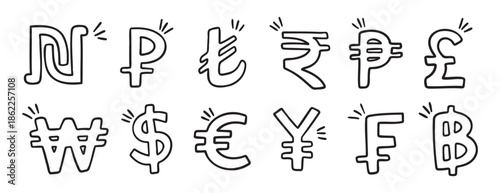currency hand drawn doodle symbol set. Outline drawing different currency stroke line clipart symbol collection