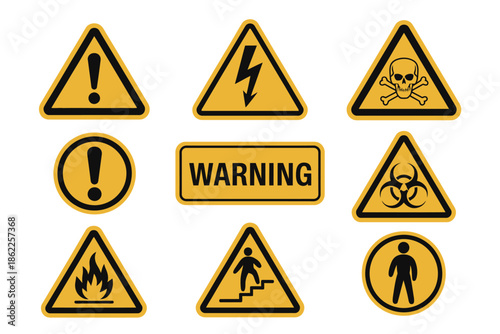 Warning signs vector set, collection of hazard symbols including high voltage, poison, and fire, safety first concept illustration, attention and danger icons for workplace,