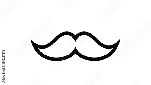 A striking black and white illustration depicts a classic elegantly styled handlebar mustache prominently featured on a white background