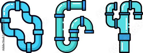 Three blue plumbing pipes with fittings in different shapes on a transparent background