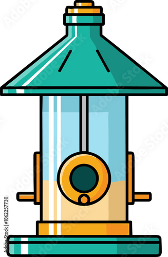 Colorful bird feeder with peanut butter, hanging on a transparent background for outdoor feeding of birds in ecological settings attracting wildlife