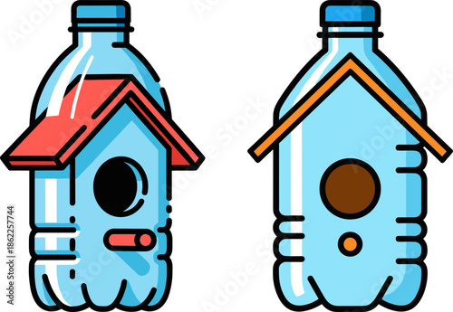 Recycled plastic bottles transformed into colorful birdhouses on a transparent background for eco-friendly home decor and sustainability concepts