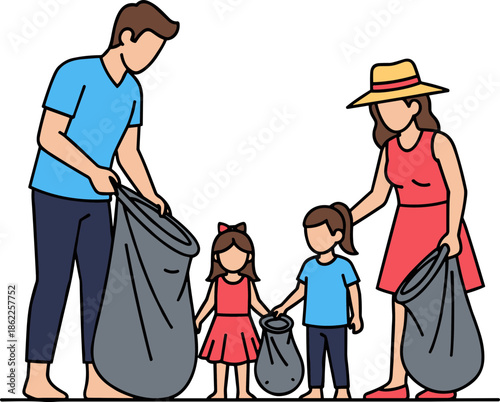 Family picking up trash together on a transparent background, teaching children the importance of recycling and caring for the environment during a cleanup activity.