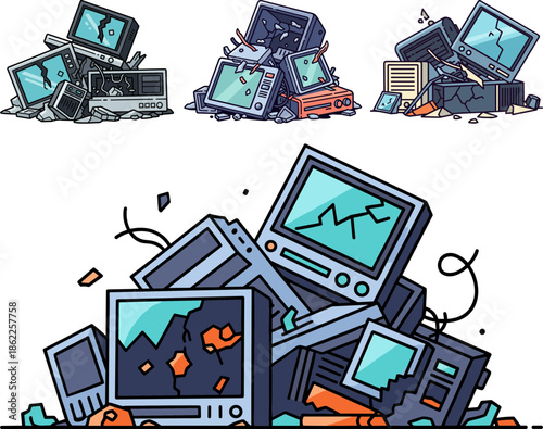 Piled broken old computers on a transparent background showcasing electronic waste in various conditions highlighting recycling and sustainability issues