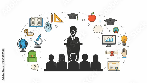 Education Presentation with Speaker and Audience Surrounded by Learning Icons.