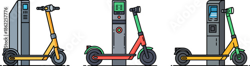 Electric scooters parked next to rental stations, showcasing urban transport options in a modern city, vibrant colors, on a transparent background.