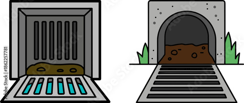 Sewer drain and tunnel with water and dirt, demonstrating urban ecology and pollution on a black background, isolated on a transparent background.