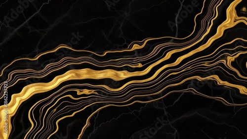 Mesmerizing Golden Veins Slowly Flow Across Elegant Black Marble With Twinkling Specks In A Luxurious Abstract Loop